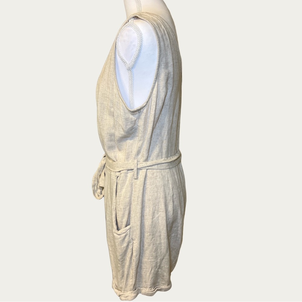 Women’s‎ Beige Linen Sleeveless Romper with Button Accents Tie Waist Size Large - Picture 4 of 14